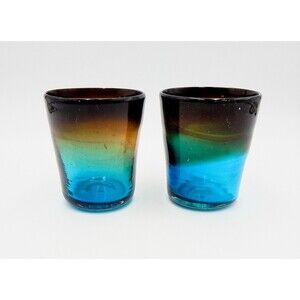Blue Amber Ombre Mexican Hand Blown Glasses Juice Low Ball Old Fashioned Pair